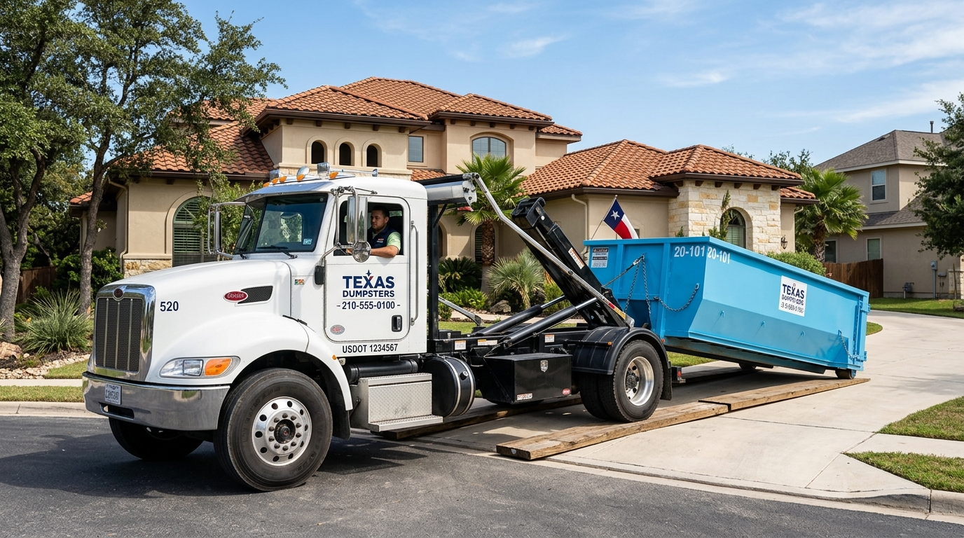 Driveway Armor hardwood timber cushions under roll-off steel wheels in Austin